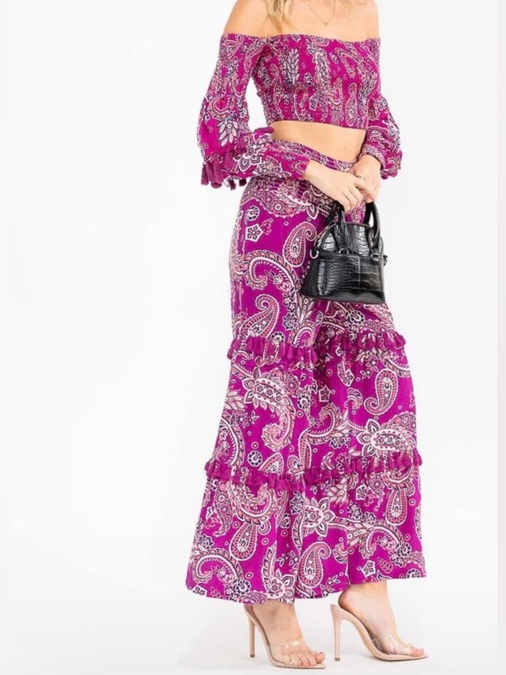 0204. Boho Paisley Ruffle Palazzo Pants - Fuchsia